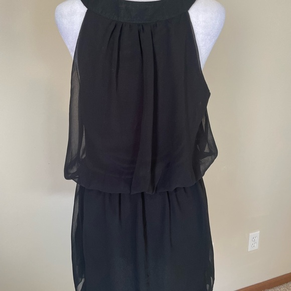 Ya Los Angeles little black dress Sz Small Silk blend sheer layers ruffle neck - Picture 4 of 8